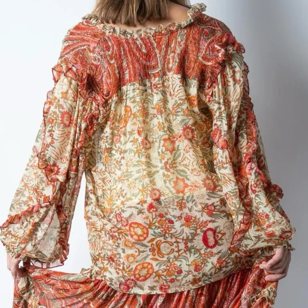 Miss June PARIS Helena boho peasant sheer floral tassel tie blouse OSFM - Picture 7 of 15